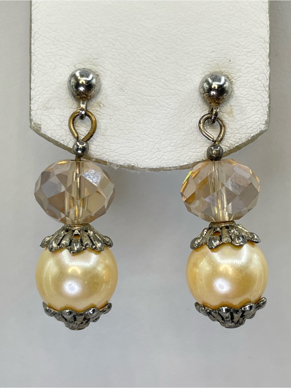 Silver Tone Faux Pearl Champagne Crystal Glass Dangle Earrings Vintage Style